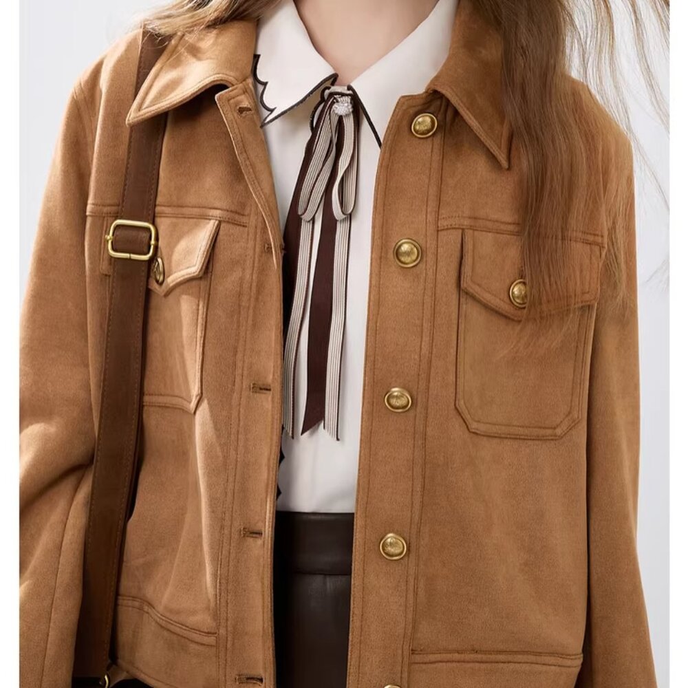 CHIO SHUI Marron Suede-Look Cropped Utility Jacket NWT - Picture 3 of 6